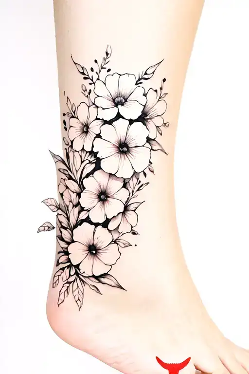 Wrap Around Ankle Tattoo - A Flowers As Subject And Small Cat Highlight