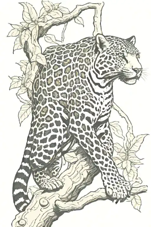 Jaguar Climbing Down A Tree Branch