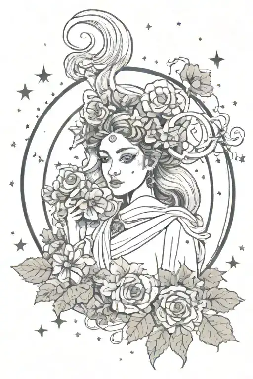 An Aries Witch With Flowers And The Aries Constellation Surrounding Her