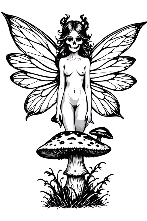 Nude Fairy On A Mushroom With A Skull Face