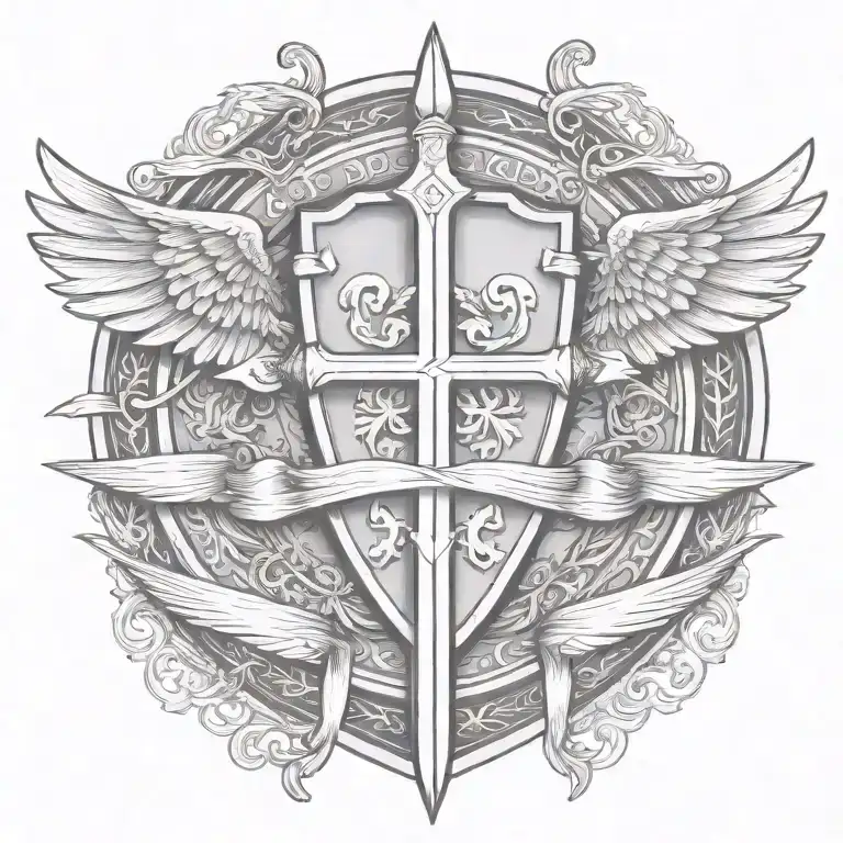 Templar Shield And Sword With Wings Behind A Cross With Ribbon