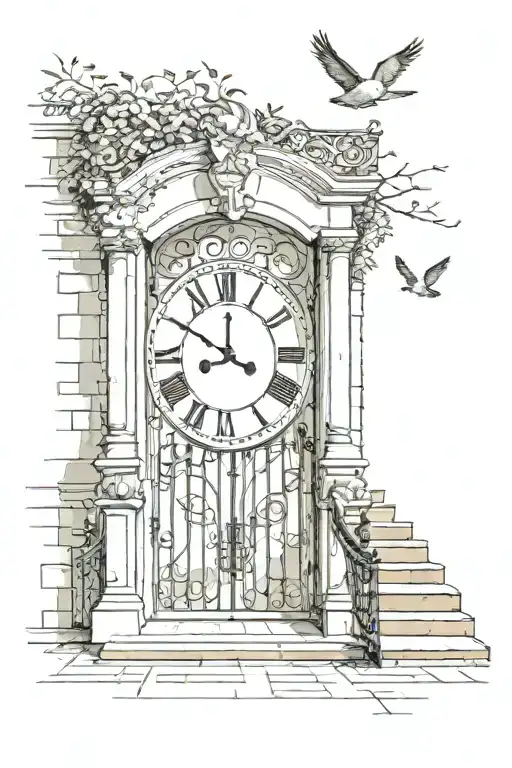 Clock And Stair Way Open Gates Doves