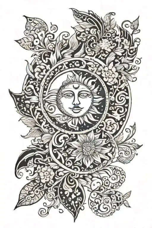 A New-school Design Of A Sun And Moon Merging Together With Intricate Floral Patterns