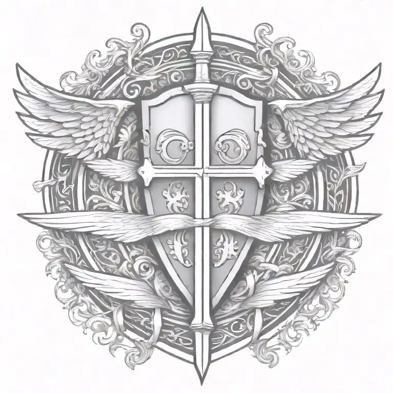 Sword Handles Behind Templar Shield With Wings Behind A Cross With Ribbon