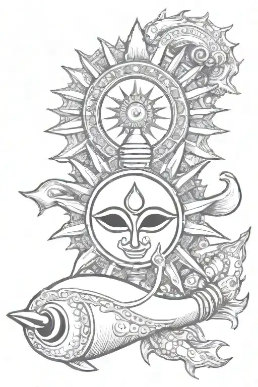Sun With Trishul Embedded In Conch