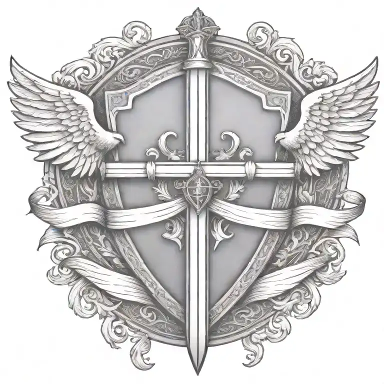 Sword Handles Behind Templar Shield With Wings Behind A Cross With Ribbon