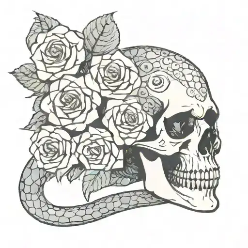 Skull With Roses And A Snake Wrapped Around It Luminous Points