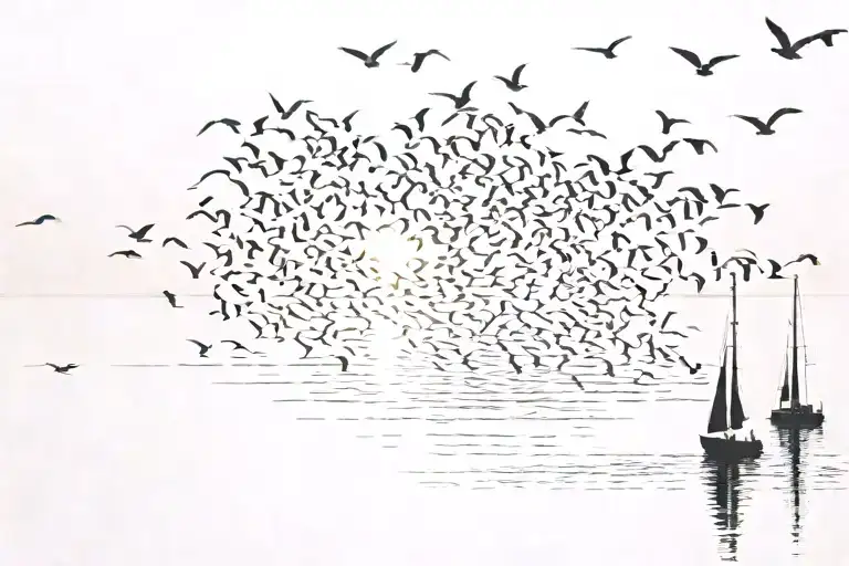 Birds Over Water With A Small Sail Boat Under A Sunset