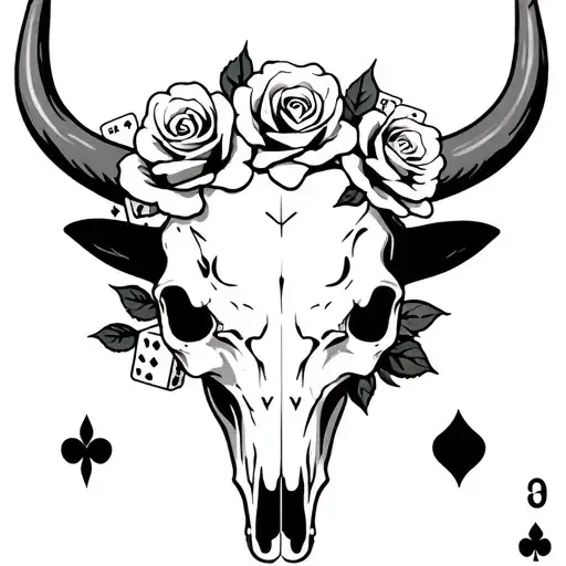 Bull Skull With Roses With Aces Cards And Dice