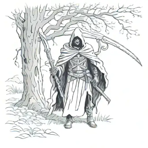 Reaper With Cloak And Scythe Standing Under A Tree