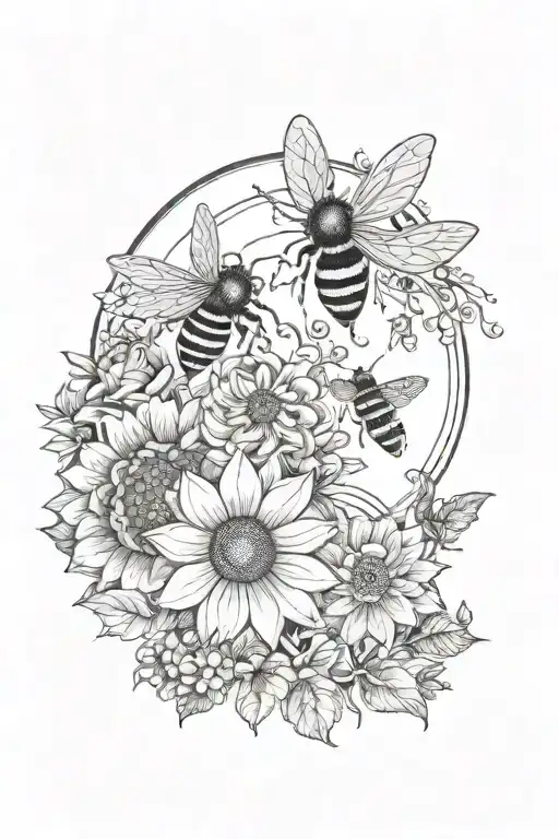 Leg Tattoo Featuring A Bee A Rose A Sunflower A Moon And Sun And A Honey Combs