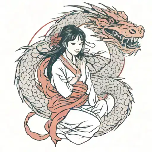 Asian Girl Wrapped By A Red Dragon