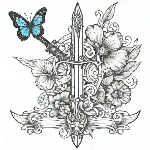 A Tattoo With A Sword And A Butterfly With Burnt Wings