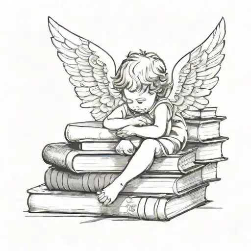 Fine Line Tattoo Of A Baby Angel Peacefully Resting On Small Stack Of Books Make It Minimalistic