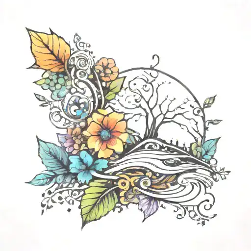 A Psychedelic Tattoo Incorporating Elements Of Nature That's A Smooth L Shape