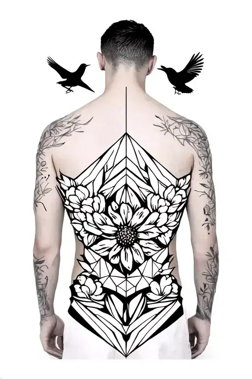 A Black And White Geometric Design Incorporating Flowers And Birds For A Mans Back