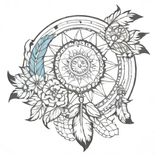 Sun And Moon Mandala With Dream Catcher And Feathers