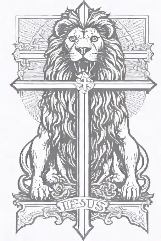 A Lion Roaring And Standing Underneath The Cross Of Jesus Christ