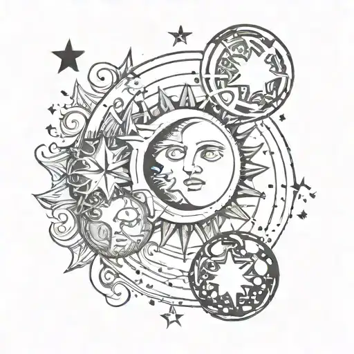 Sun And Moon Intertwined With Planets Orbiting And Stars