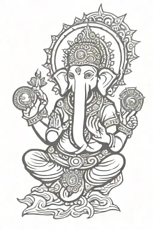 Sun With Trishul With Ganesha Embedded In Conch