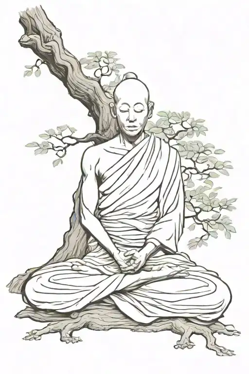 Back Monk Meditating Tree