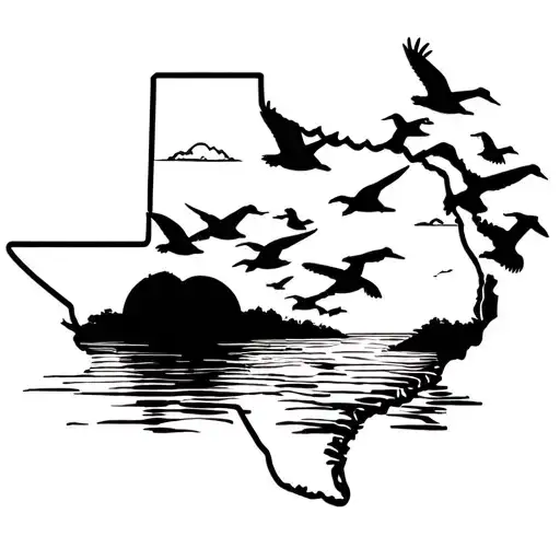 Texas Outline Filled With Sunrise And Ducks Flying
