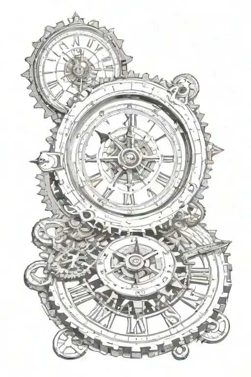 Mechanical Clock With Gears And Sprockets Next To A Compass With The Cardinal Directions