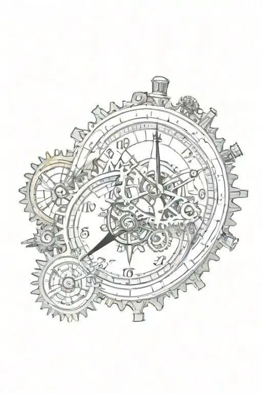 Mechanical Clock With Gears And Sprockets Next To A Compass With Cardinal Directions