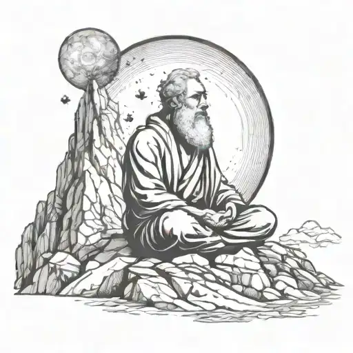 A Dotwork Tattoo Of A Stoic Philosopher Meditating In A Mountain Landscape