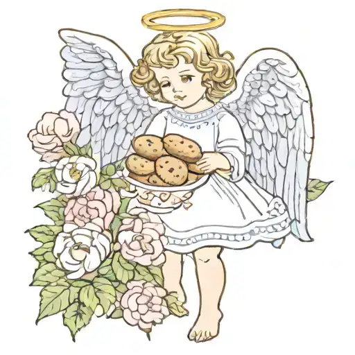 Angel Holding A Cookie Next To Pansie And Peony Flowers