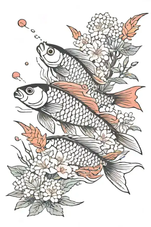 Japanese Fish And Flowers Surrounding