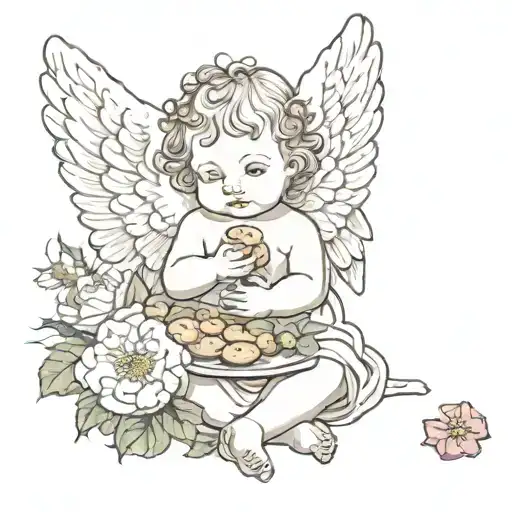 Baby Angel Holding A Cookie Surrounded Or Next To Pansie And Peony Flowers