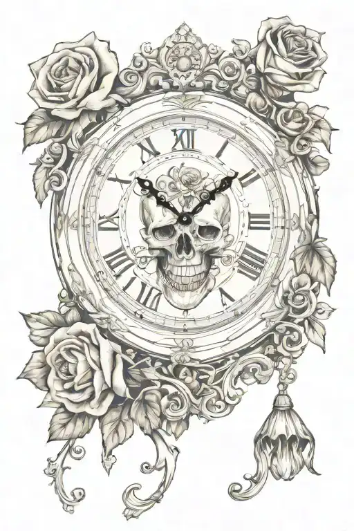 Beautiful Old Fashioned Clock With A Skull And Roses