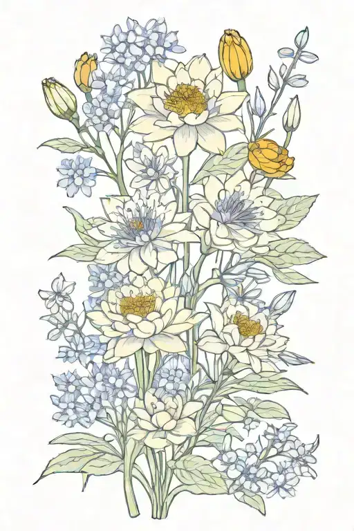 Marigold Water Lily Larkspur Flowers Intertwined