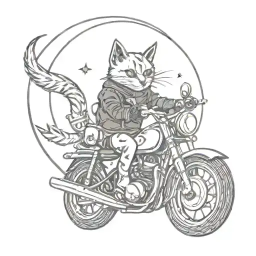 A Demonic Cat Riding A Motorcycle Under A Crescent Moon