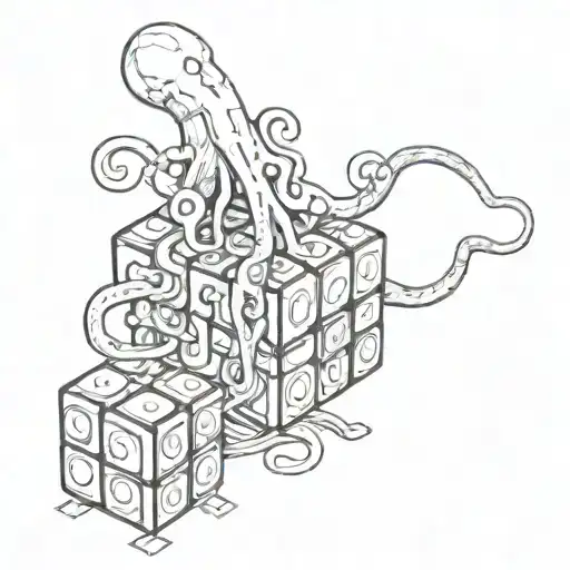 Tentacles Holding Rubiks Cube Line Drawing Style