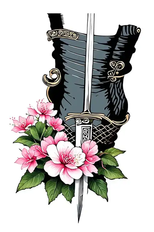 Samurai Sword And Sakura On The Foot With Weave