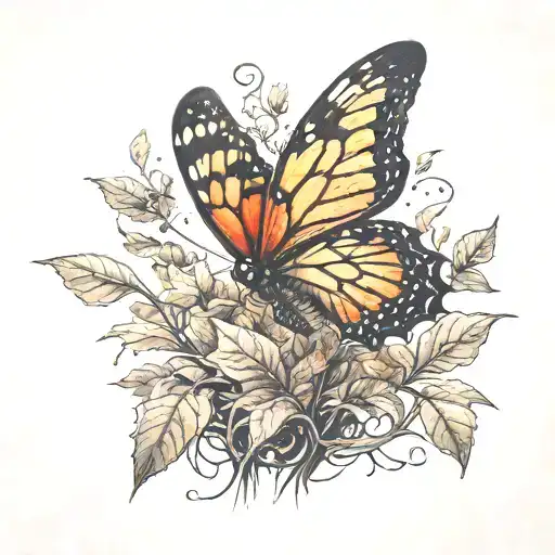 Butterfly Landing On Plant Sprouting From The Ground Surrounded With Fallen Leafs Healing Ptsd