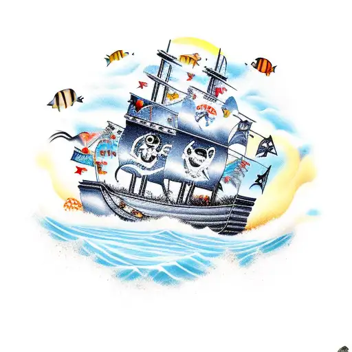 Pirate Ship Over A Sea Full Of Fish