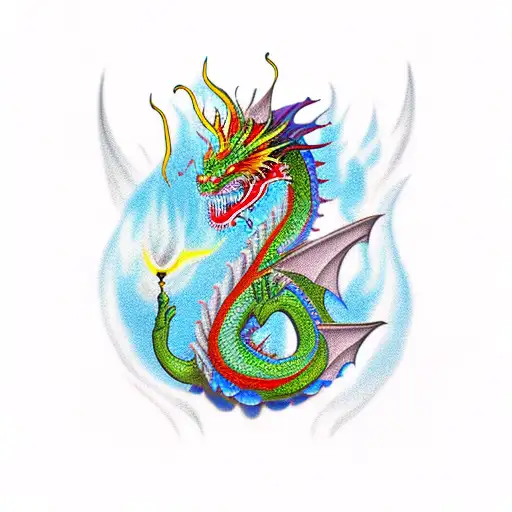 Dragon With Fire And Flowers