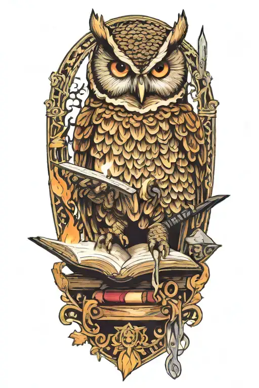 Owl Reading With A Viking Style Butchers Knife Reading A Book On Fire