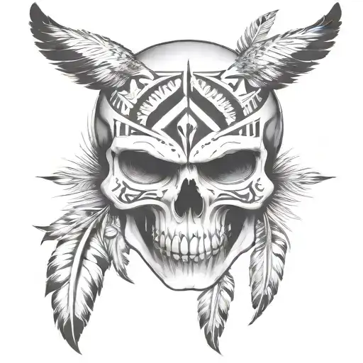 A Skull With Native American Tribal Patterns And Feathers