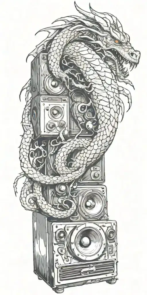 A Dragon Wrapping Itself Around A Giant Speaker That Has Soundwaves Coming Out Of Them