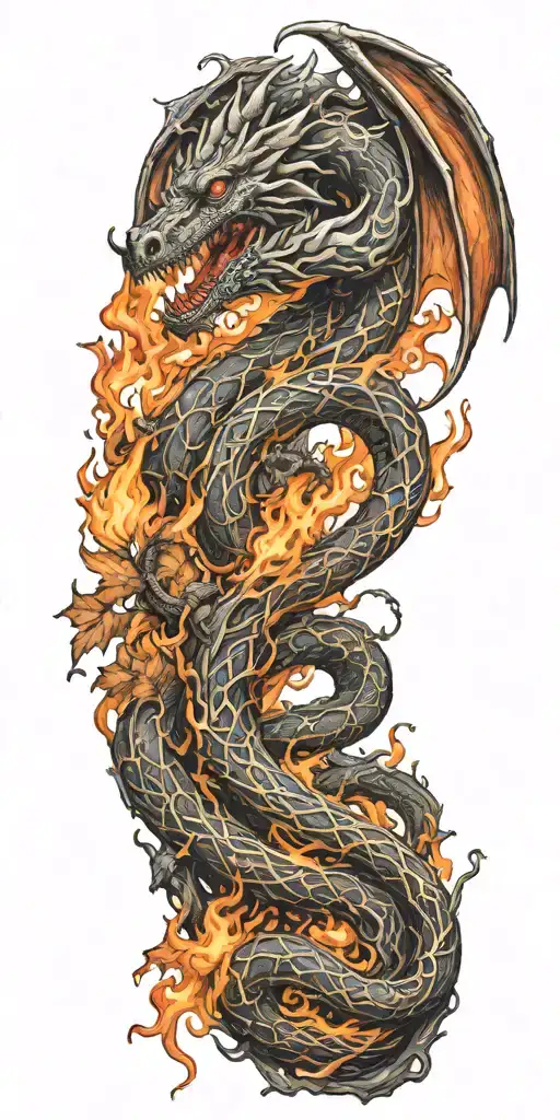 A Dragon Wrapping Itself Around A Burning Tree Full Of Elements And Music Notes