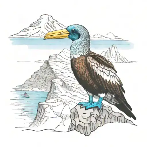 Tattoo Drawing Of A Blue-footed Booby With Chimborazo Mountain In The Background