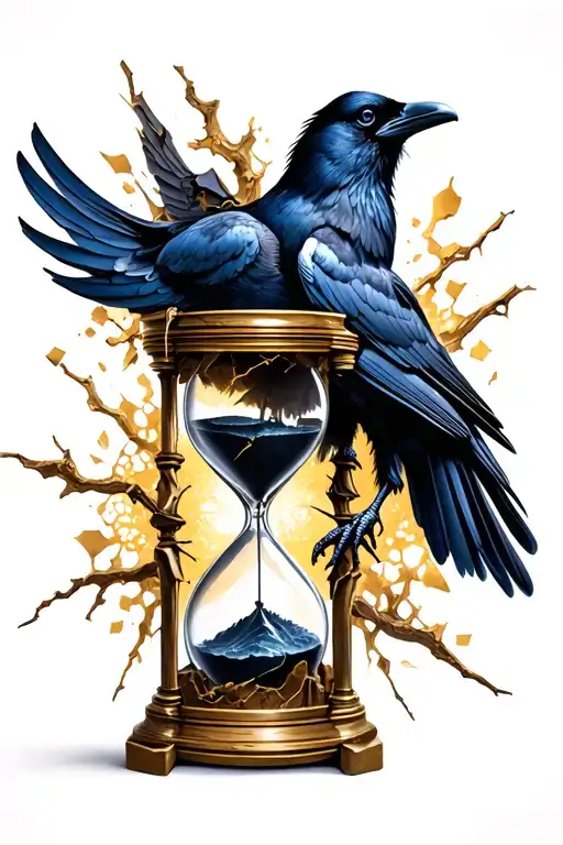 Raven Perched On Broken Hourglass Intertwined