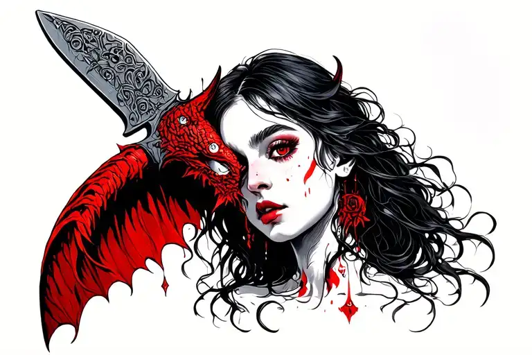Demon Girl Inside Knife Blade Outline