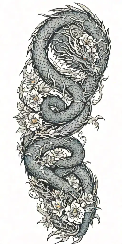 A Dragon Wrapping Itself Around A Burning Tree Full Of Flowers