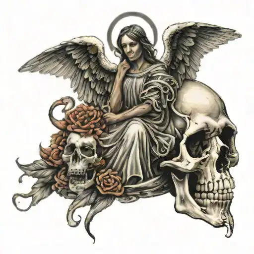 Tattoo On The Forearm With The Angel Of Death Standing On A Skull Looking Up