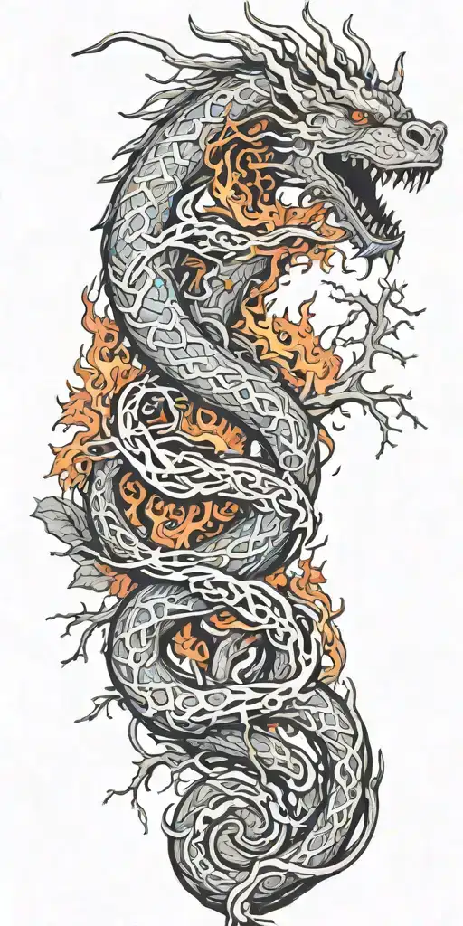 A Dragon Wrapping Itself Around A Burning Tree Full Of Branches In The Shape Of Musical Notes